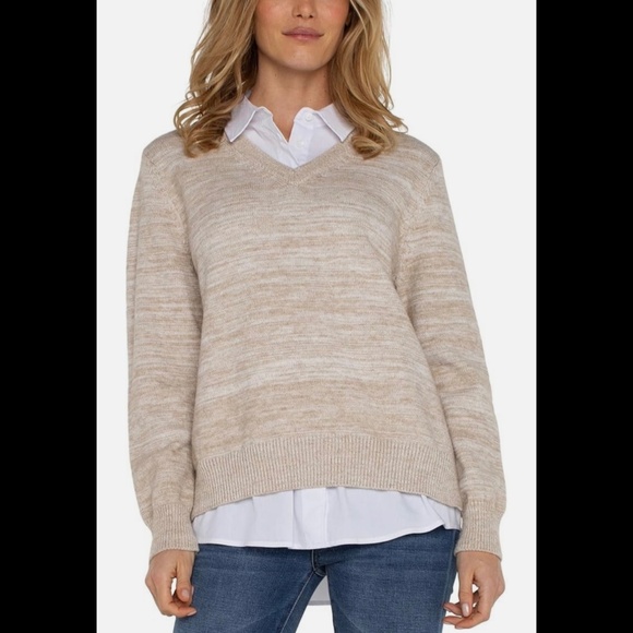 NWT Liverpool Los Angeles Women's Beige Twofer Collared Sweater Sz XL, MSRP $109 - Picture 1 of 7